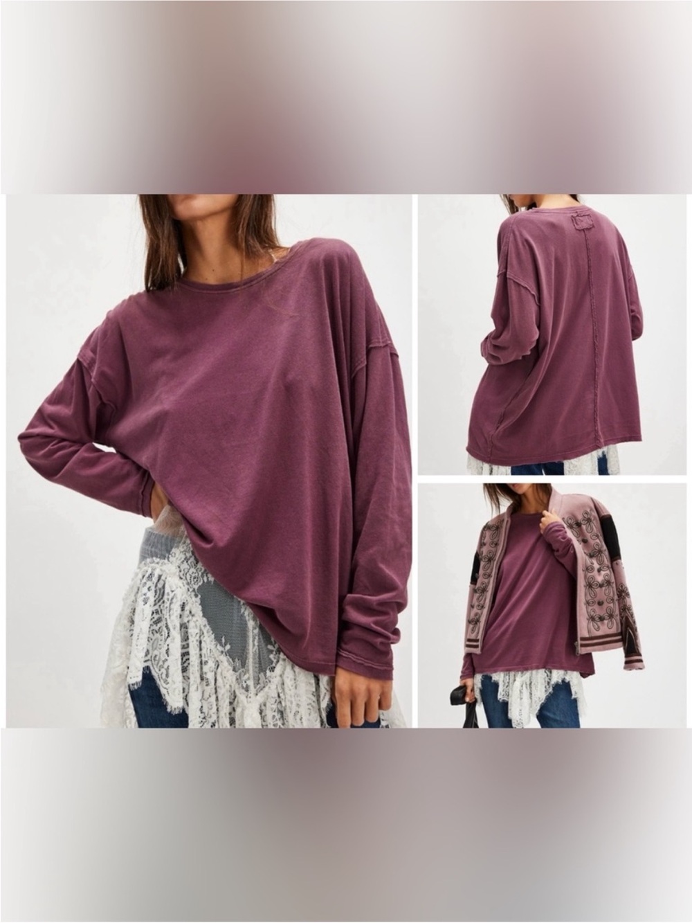 NWT Free People We The Free Nina Long-Sleeve Tee - maroon burgundy - Small